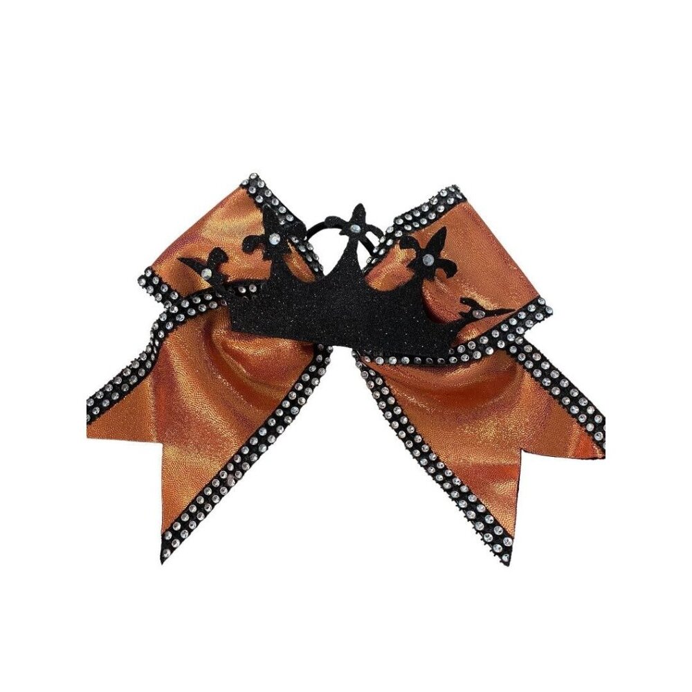 Girls Oversize Hair Bow 6.5" Elastic Ponytail Holder Shiny Orange Black Crown